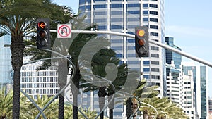 Traffic light and caution sign, road intersection in USA. Transportation safety, rules and regulations symbol. Driveway