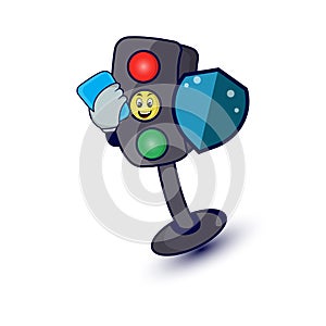 Traffic light character cartoon illustration with phone and security. Design vector