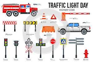 Traffic light day and highway code icons set. Vector Urban sign road transportation illustration equipment.