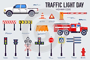 Traffic light day and highway code icons set. Vector Urban sign road transportation illustration equipment.