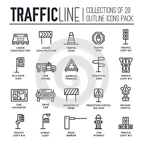 Traffic light day and highway code outline icons set. Vector thin line Urban sign road transportation illustration