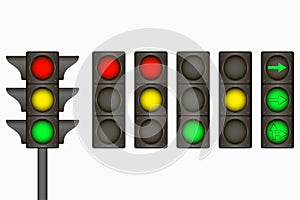 Traffic light. Electric sign for regulate traffic on the road with red, yellow, green lamps and arrows. Vector.