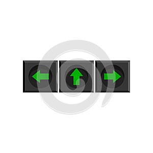 Traffic light with green arrows indicating the direction of movement isolated on white background