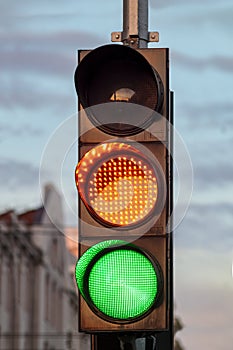 Traffic light. Green road signal transport control