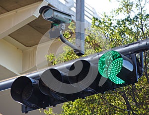 Traffic light in green with security cam