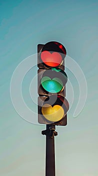 Traffic light with heart shapes in red, green, and yellow