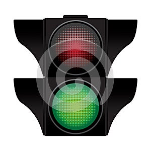 Traffic light icon. Red and green. Halftone vector design. Signal control element.