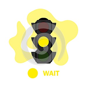 Traffic light illustration with yellow color. Flat yellow traffic light with color spot and text WAIT. Semaphore icon