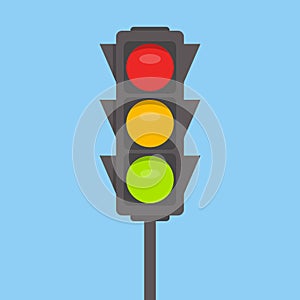 Traffic light isolated icon. Green, yellow, red lights vector illustration on blue sky background. Road Intersection