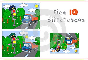 Traffic light and lorry on the road. Educational game for kids: