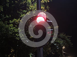 Traffic light at night-time showing red