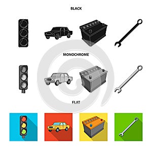 Traffic light, old car, battery, wrench, Car set collection icons in black, flat, monochrome style vector symbol stock