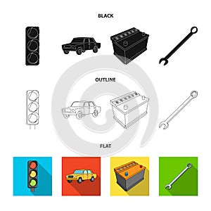 Traffic light, old car, battery, wrench, Car set collection icons in black,flat,outline style vector symbol stock