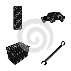 Traffic light, old car, battery, wrench, Car set collection icons in black style vector symbol stock illustration web.