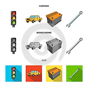 Traffic light, old car, battery, wrench, Car set collection icons in cartoon,flat,monochrome style vector symbol stock