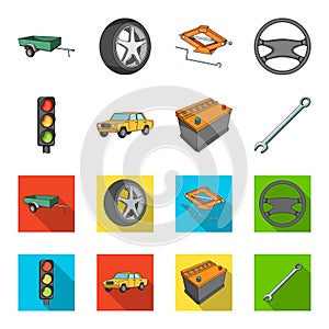 Traffic light, old car, battery, wrench, Car set collection icons in cartoon,flat style vector symbol stock illustration
