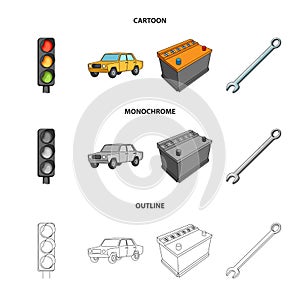 Traffic light, old car, battery, wrench, Car set collection icons in cartoon,outline,monochrome style vector symbol