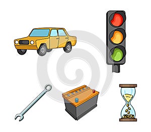 Traffic light, old car, battery, wrench, Car set collection icons in cartoon style vector symbol stock illustration web.