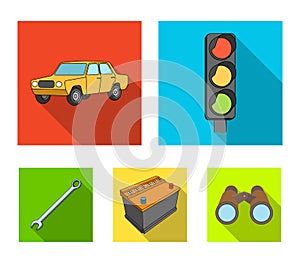 Traffic light, old car, battery, wrench, Car set collection icons in flat style vector symbol stock illustration web.