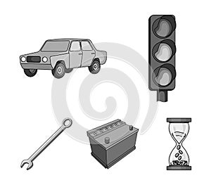 Traffic light, old car, battery, wrench, Car set collection icons in monochrome style vector symbol stock illustration