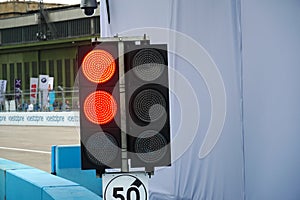 Traffic light on race track during FIA Formula E Championship