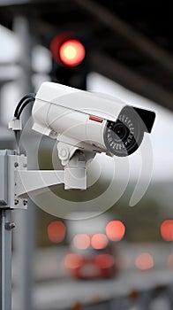 A traffic light with a red light is in front of a camera