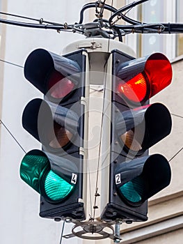 Traffic light with red and green light photo