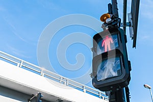 Traffic light with red sign for walkers to stop .