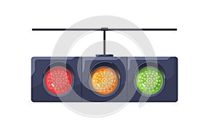 Traffic light with red, yellow, green signals. Horizontal stoplight with stopping, warning and allowing led lamps on
