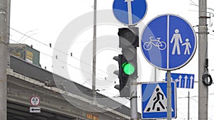 Traffic light on the road regulates traffic