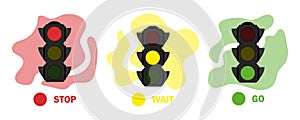 Traffic light set illustration. Flat traffic light with color spots and text. Semaphore icon, sign and symbol