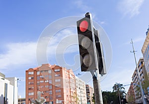 Traffic light signal for vehicles, red warning lamp sign to stop the car on the road