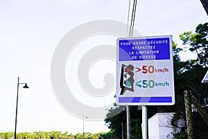 Traffic light speed limit 50 road sign panel radar enforced in french street