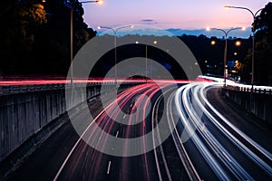 Traffic light trails at dusk down Ryde Road, seen from the Pacific Highway Bridge at Pymble