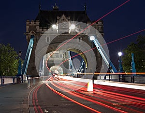 Traffic light trails in the Tower Bridge in London