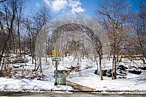 Traffic light and trash bin on snow next to the road and trees at Central Park