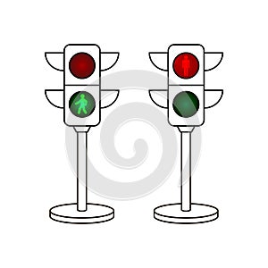 Traffic light vector icons with switched on green and red light.