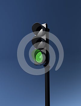 traffic light with working green signal isolated on blue sky background