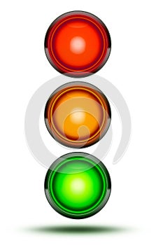 Traffic lights as found at vehicle intersections or road crossings isolated on white in sequence red, orange, green. Traffic sign