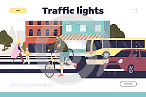 Traffic lights concept of landing page with people crossing street on crosswalk