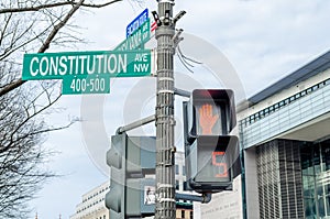 Traffic Lights in Constitution Avenue in Downtown Washington DC, USA. Urban Street Photography