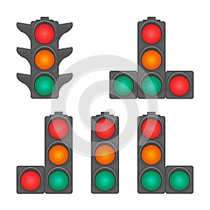 Traffic lights with forbidding, permitting and waiting signs. A set of traffic lights with red, yellow and green signals