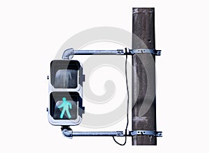 Traffic lights with green or red light lit. Sign or symbol pedestrians not allowed crossing road isolated on white background