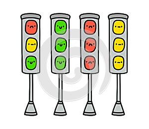 Traffic lights green yellow red with smiles expressive faces hand drawn vector illustration in cartoon comic style