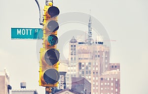 Traffic lights at Mott Street, color toning applied, New York City, USA photo