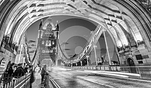 Traffic lights at night on Tower Bridge traffic, London - UK