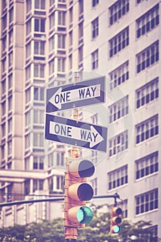 Traffic lights and One Way signs on Manhattan, NYC.