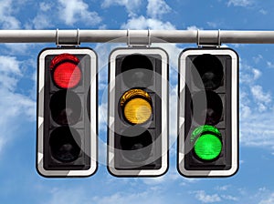 Traffic lights - red yellow green against sky