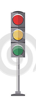 Traffic lights with red, yellow and green flat vector illustration on white background.