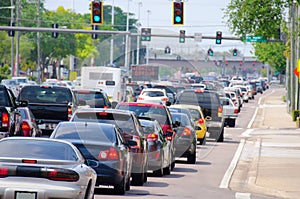 Traffic lights with rush hour traffic jam